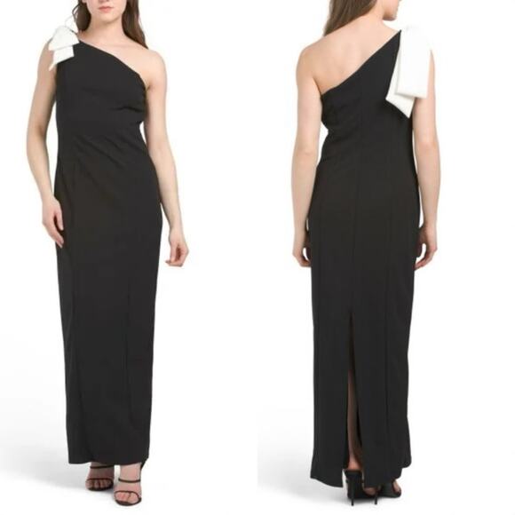 NWT $169 MARINA 10 Black/ivory One Shoulder Bow Midi Dress Scuba Crepe - Picture 1 of 7